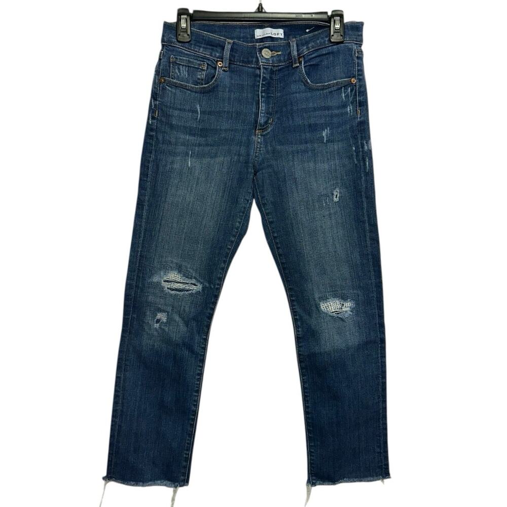 LOFT Modern Straight Jeans 28 Distressed‎ Raw Hem Denim Casual Chic Petite